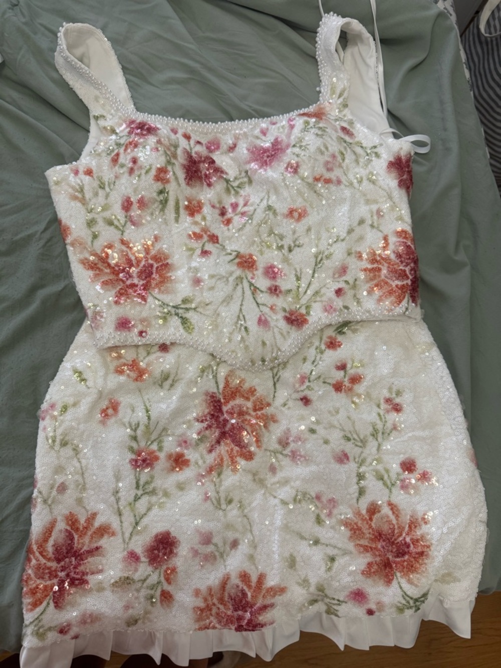 White Floral Sequin Party Dress